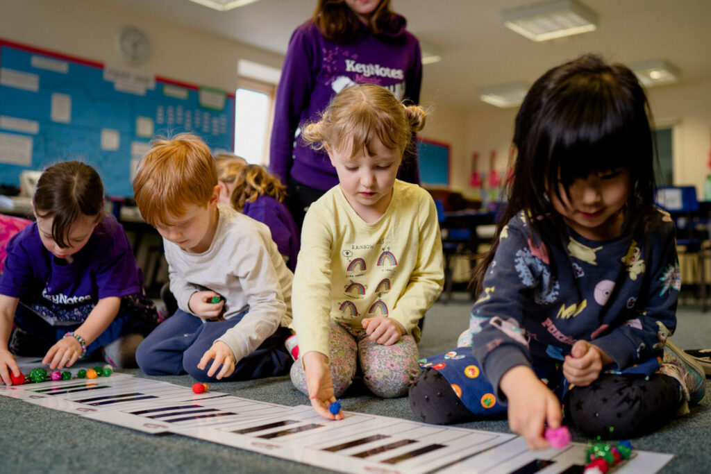 Group Piano Pals class finding the two black keys on the keyboards